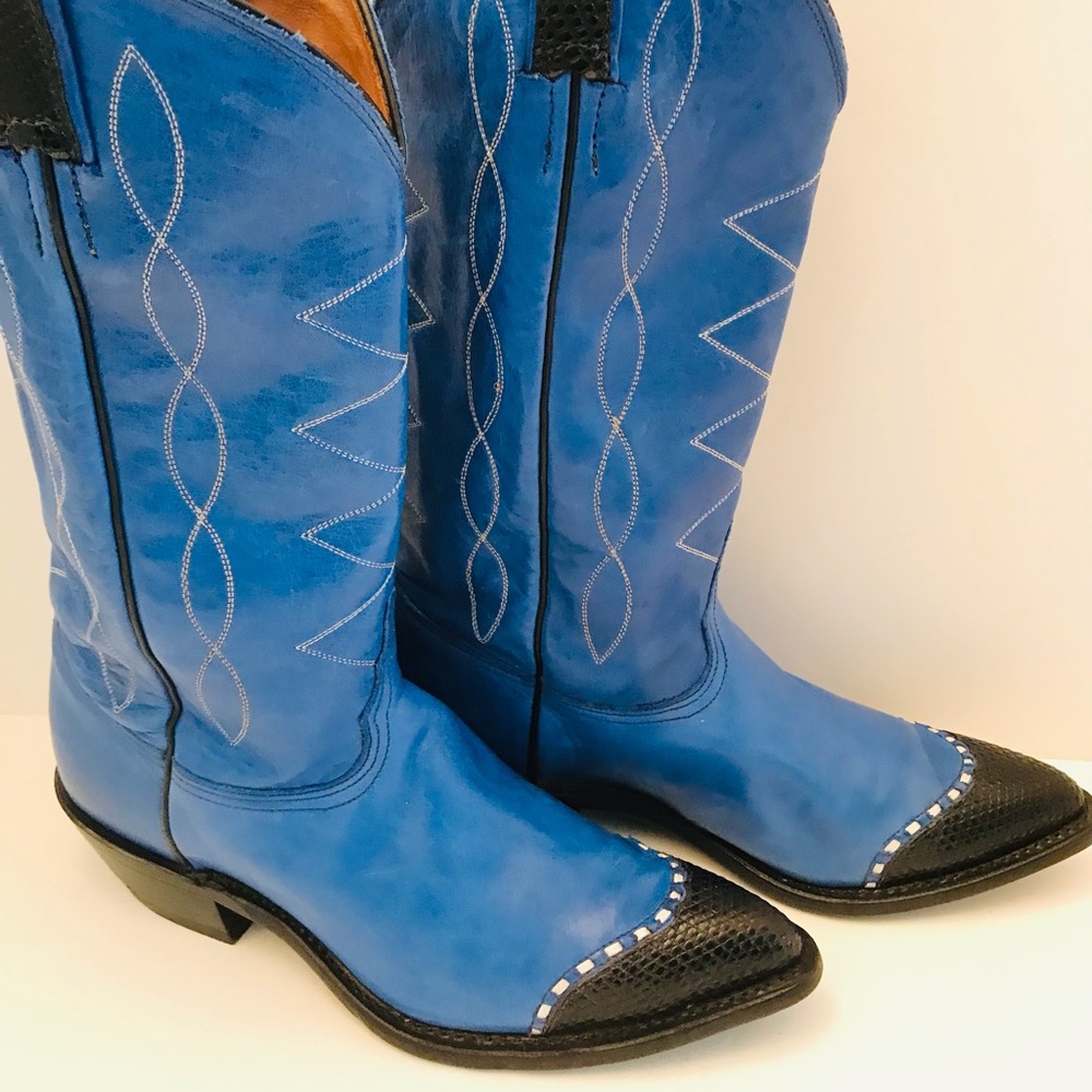 Tony Lama Bright Blue Cowboy Boots Lizard Wingtips US Made Women's 9 B